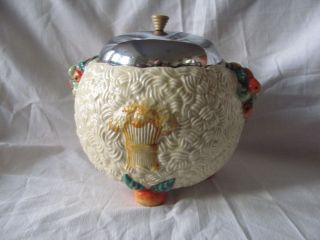 Clarice Cliff barbola Harvest Pattern biscuit barrel with chrome lid