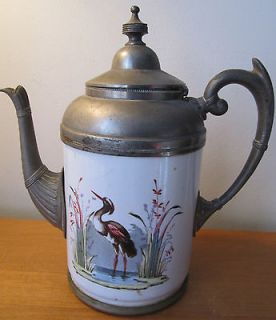 Antique ENAMELWARE Coffee Pot TEA POT Graniteware VICTORIAN Pewter