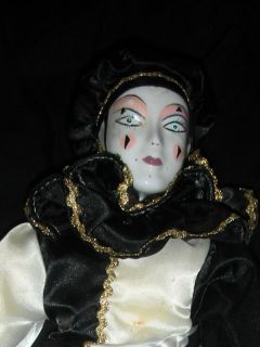 15 Pierrot doll with B/W clothes porcelian head/limbs with stand