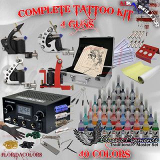 Complete Tattoo Kit 4 Machine Gun Set Dual Digital Power Supply 40 
