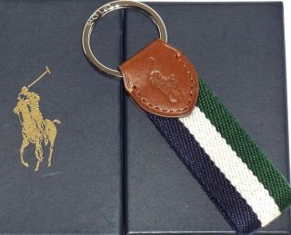   RALPH LAUREN Web Key Chain FOB Tri Colored Striped Metal Stamped Polo
