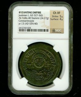   Empire Justinian I NGC Ch.XF AD 527 565 AE Follis 40 Nummi Constantin