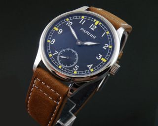 44MM parnis maual wind MECHANICAL 6498 movement cow leather strap 