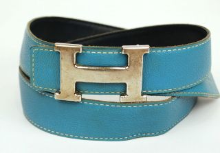 Authentic HERMES Silvertone H Buckle Belt 80 Reversible Leather Blue x 