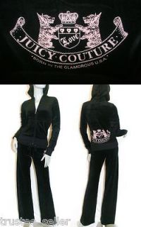 NWT JUICY COUTURE Black Velour Old School Crest Logo Tracksuits Hoodie 