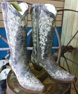 Corral Ladies Embroidery Floral Lace Cowgirl Boots Bone A1094