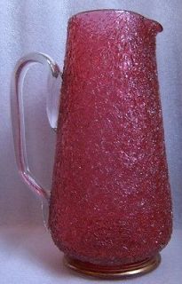 ANTIQUE CRANBERRY RUBY OVERSHOT CRACKLE GLASS PITCHER EWER w HANDLE c 