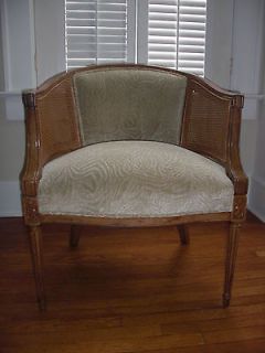 French Barrel Chair Bergere Brunschwig & Fils Fabric with Side Cane 