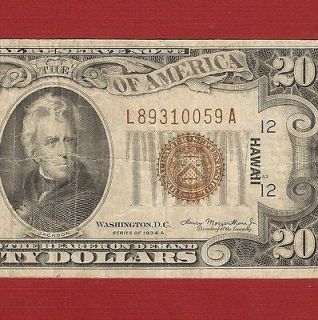 US CURRENCY 1934A HAWAII $20 WARTIME EMERGENCY NOTE in VERY FINE Old 