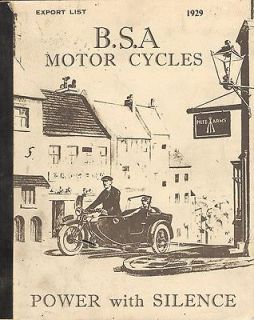 1929 BSA MOTOR CYCLES CATALOG (export list)   REPRODUCTION