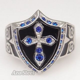 Mens Silver Sapphire Crystal Cross Noble Knight Stainless Steel Ring 