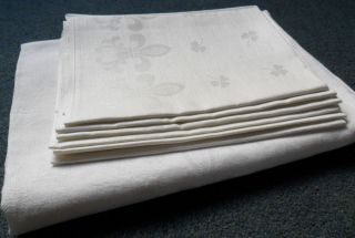 Vintage Pure Linen Damask Table / Banquet Cloth & 6 Matching Napkins