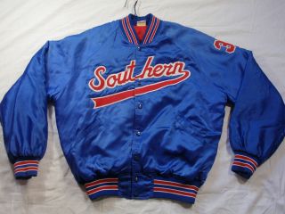 VTG 70s 80s Southern Satin Varsity Jacket Nylon Blue SEWN Mens XL HIP 