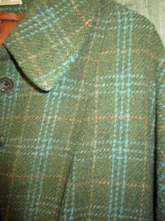 Vintage 50s HARRIS TWEED Scottish Plaid Wool OVER COAT green blue 