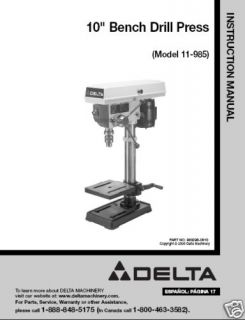 Delta 10 Drill Press Instruction Manual #17 959L