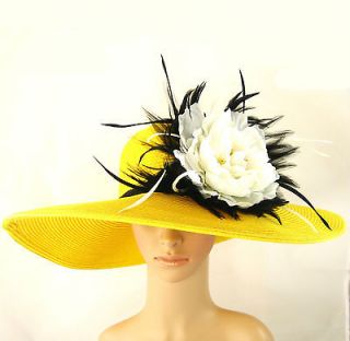 Womens Derby Hat Yellow Wide Brim Dress Bridal Wedding Tea Party 