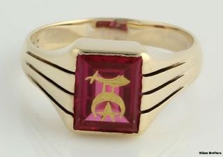Shriners Synthetic Red Spinel Mens Ring   10k Yellow Gold Band 