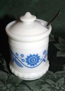   Milk Glass Jam Jelly Jar Mustard Pot Nice Blue Floral Design Spoon