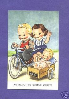 P7825 Dinah postcard, Bicycle for two, Sidecar for baby