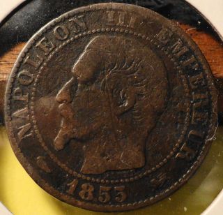 1855 W France 10 Centimes Bronze World Coin KM771.7 ten cents