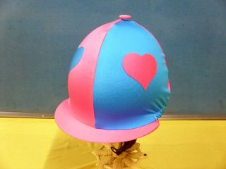 DOBBINS LYCRA RIDING HAT COVER WITH HEARTS BARBIE PINK & TURQUOISE 