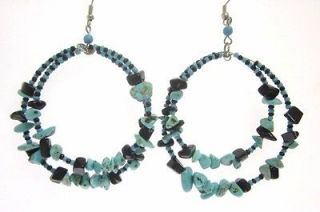 DESIGNER Silver Plated Turquoise Black Beaded Double Hoop Earrings 