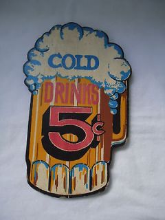 Newly listed Vintage Sign Cold drinks 5c made on wood