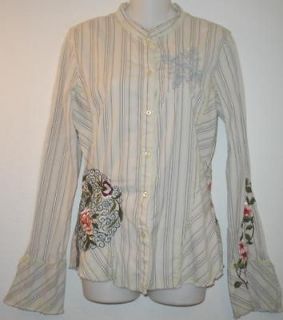 3J WORKSHOP sz m Floral Embroidered Ecru Cotton Pinstripe Shirt 