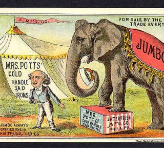 1880s PT Barnum & Jumbo Elephant Mrs Potts Sad Iron Circus Tent Adv 