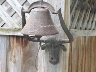 Rustic Cast Iron Longhorn Animal Mounted Cow Head Dinner Bell Wall 