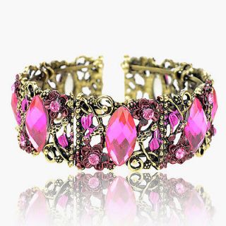   VTG Crystal Gem Rhinestone Flower Open Cuff Bangle Bracelet XA1342K