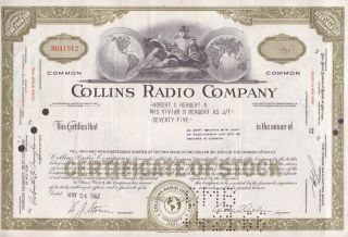 1962 Collins Radio Company Stock Certificate, issued to Robert 