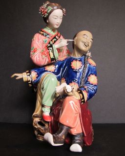 Asian Stunning Large Vintage Chinese Mud Figurine of Lady & Man 12.5 