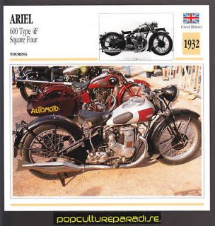 1932 ARIEL 600 Type 4F Square Four MOTORCYCLE Fact CARD