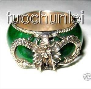 Elegant Tibet silver dragon and green jade mens ring 9#