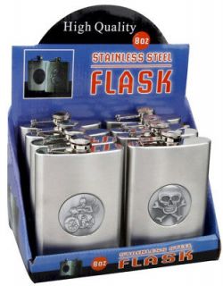   8oz Stainless Steel Alcohol Skull Bike Flasks In Counter Top Display