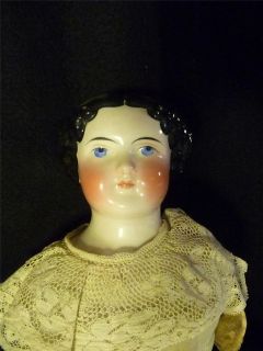   1860S LADY CHINA HEAD DOLL W/ FLAT TOP HAIR ORIG GOWN KID BODY