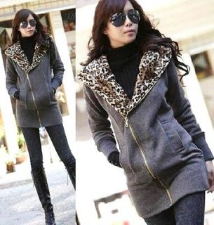 J101 Womens Leopard Jacket Fleece Hoodie Coat Sweatshirt Tops Coat S 