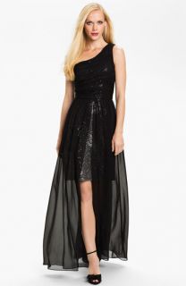 Hailey by Adrianna Papell One Shoulder Chiffon Overlay Gown 