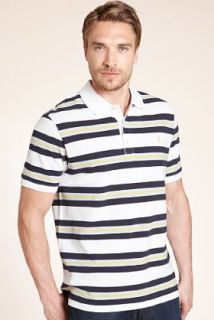 Blue Harbour Pure Cotton Double Striped Polo Shirt   Marks & Spencer 