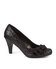 Black (Black) Wide Fit Black Glitter Bow Court Shoes  265239201  New 