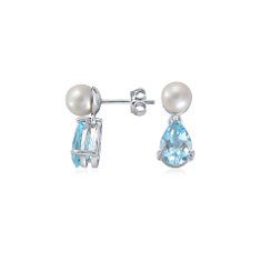 Freshwater Cultured Pearl and Pear Shaped Blue Topaz Earrings in 14k 