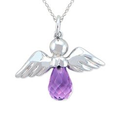Simulated Briolette Birthstone Angel Charm Pendant in 10K White or 