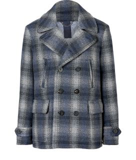 Burberry Brit Navy Wool Double Breasted Checked Paragon Pea Coat 