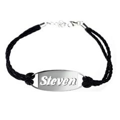Oval Nameplate Bracelet in Stainless Steel with Black Braided Cord (9 