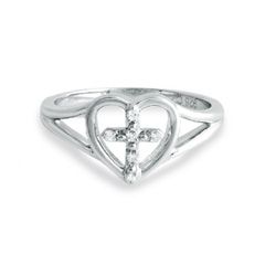 Diamond Accent Cross in Heart Split Shank Purity Ring in Sterling 