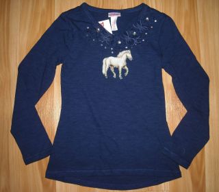 Girls HORSE Shirt~Justice~NWT~L/S~Navy BLU W WHITE HORSE~Holiday~GREAT 