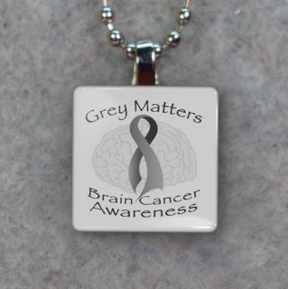 Brain Cancer Awareness Ribbon Glass Tile Necklace Pendant D22