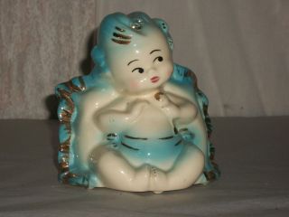 VTG Ceramic Angel Baby Planters White Blue Gold Glaze Hill Pottery 