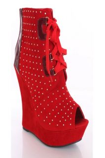 Red Studded Decor Peeptoe Lace Up Bootie Wedges @ Amiclubwear Wedges 